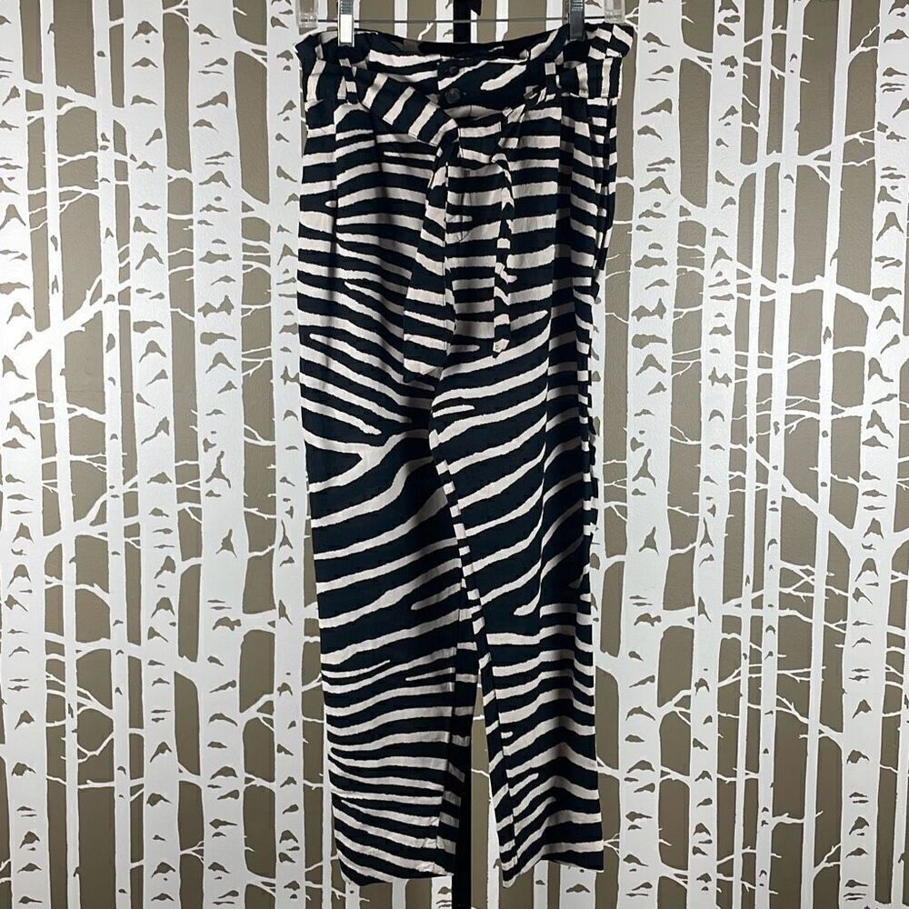 Linen Blend Zebra Print High Rise Paper Bag Waist Tapered Cropped Pants NEW 6